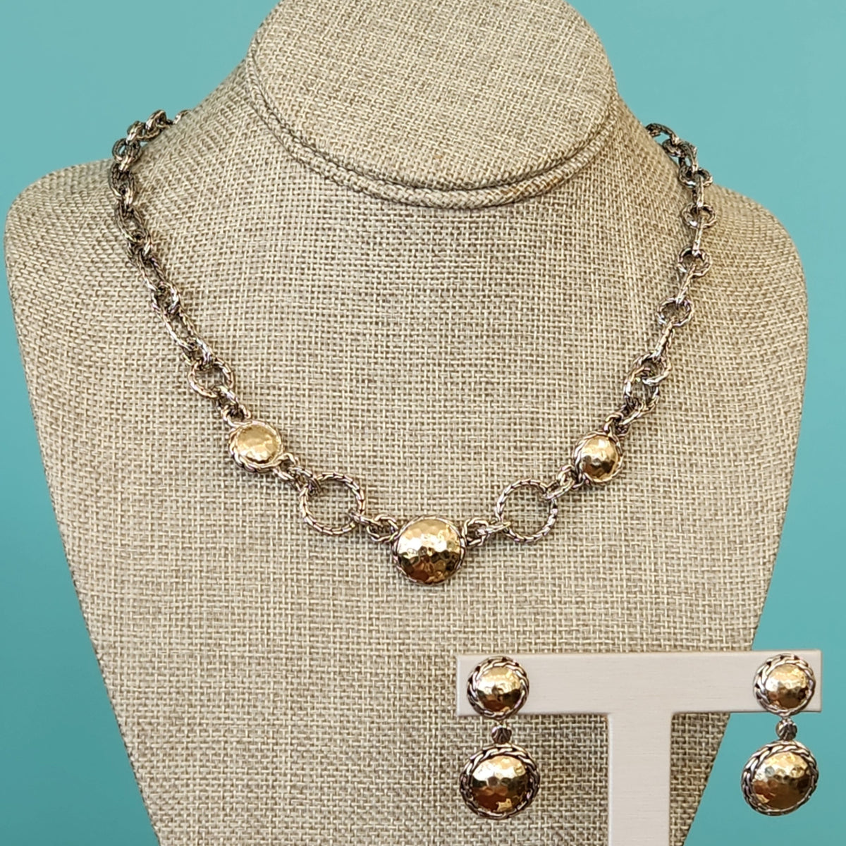 Vintage Sterling Silver & 22 Karat Yellow Gold Hammered Gold Disc & Woven Rope Dangle Earrings, John Hardy