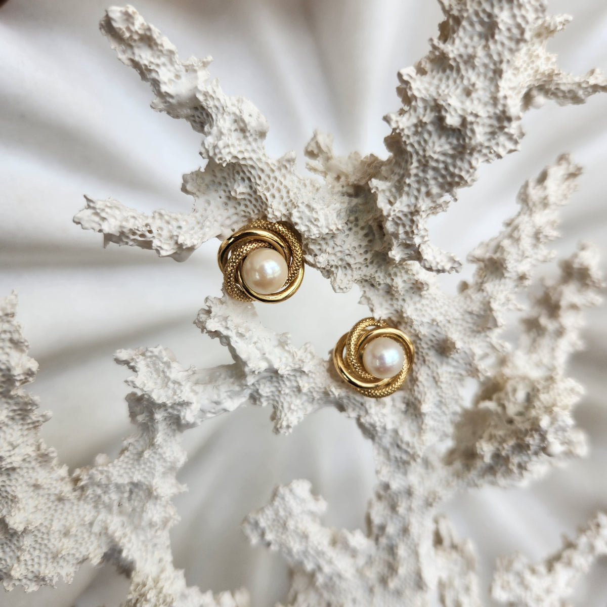 Vintage 18 Karat Yellow Gold "Love Knot" Pearl Stud Earrings With Textured & Polished Finish