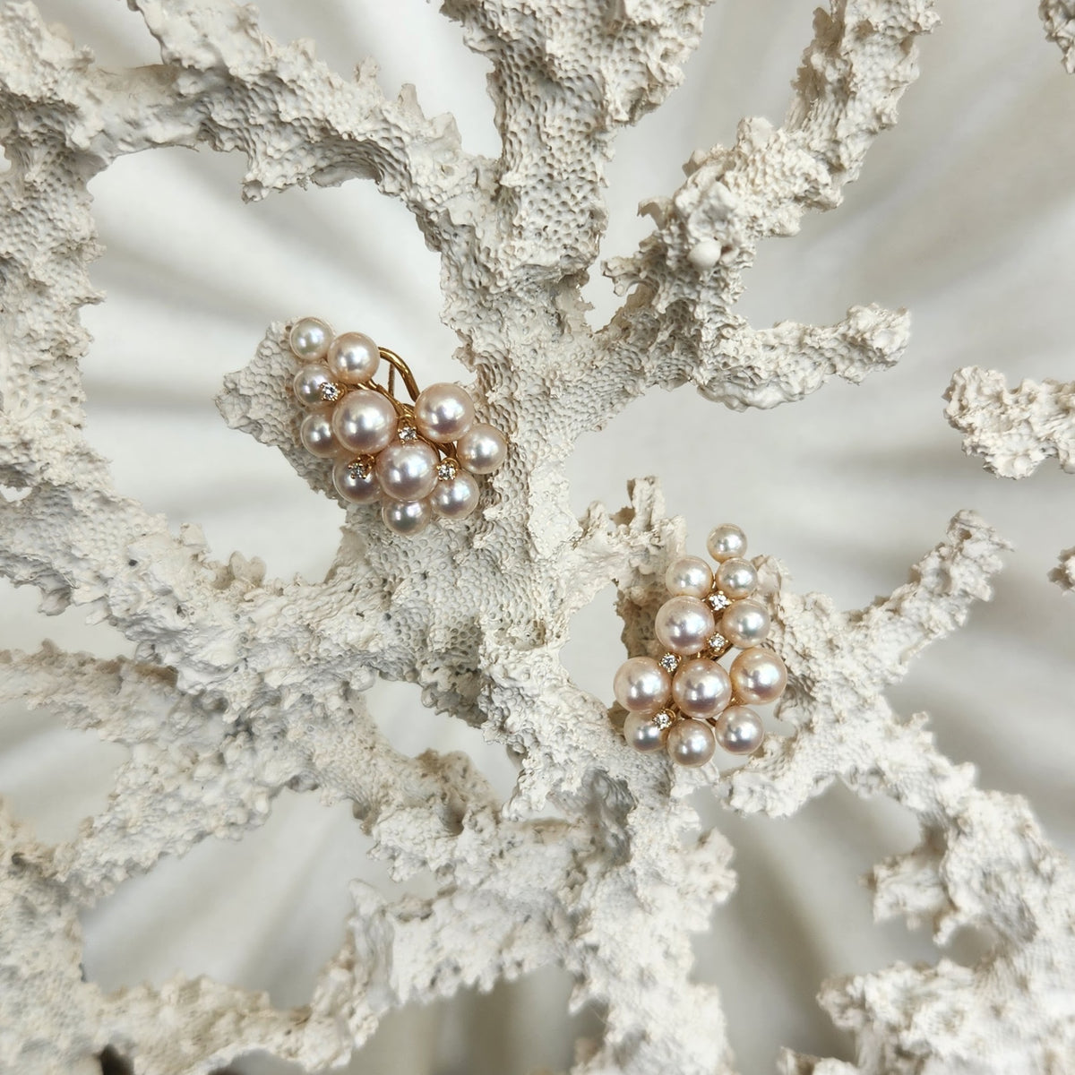 Vintage 14 Karat Yellow Gold Akoya Pearl & Diamond Cluster Earrings With Omega Backs