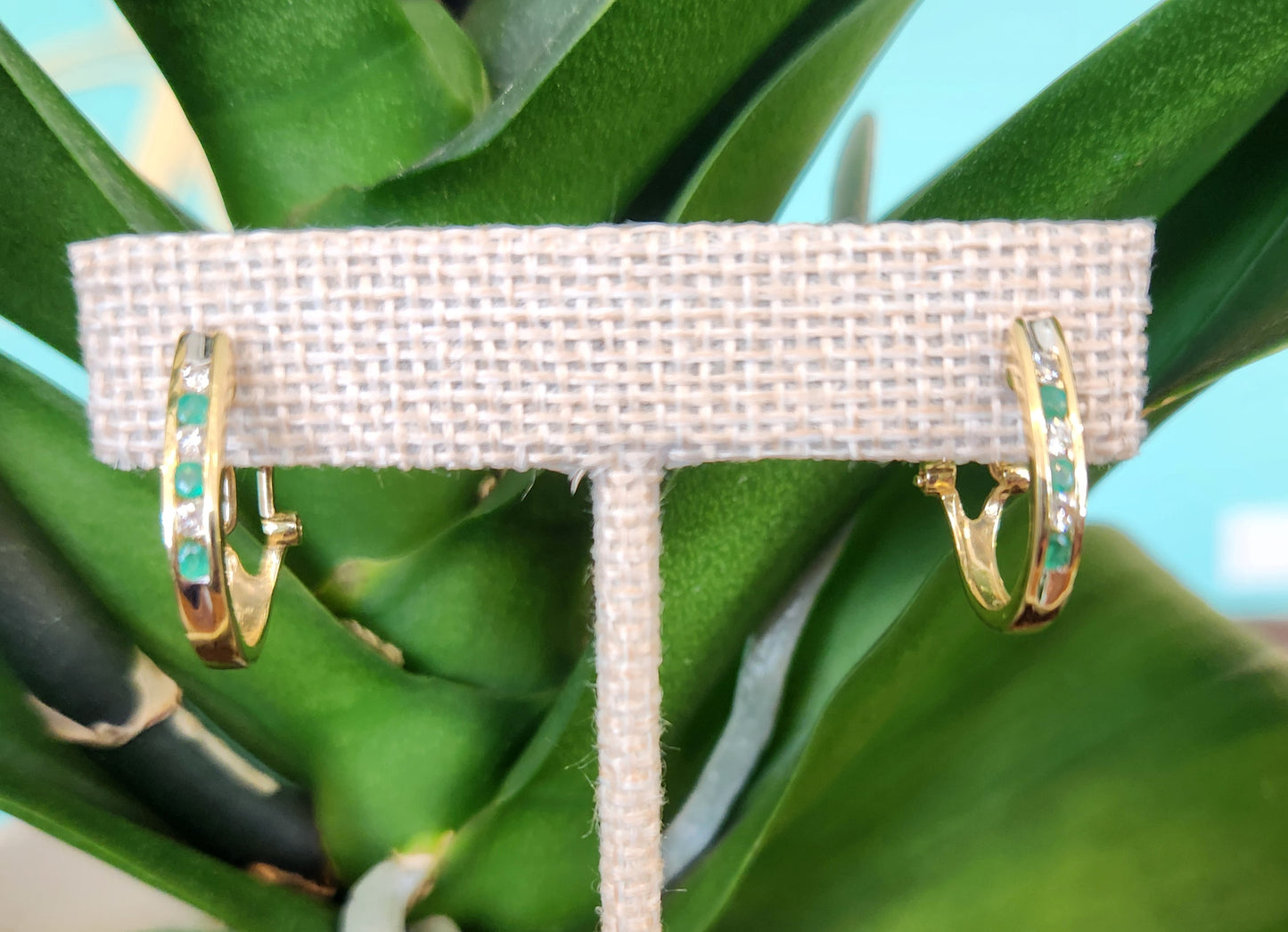 Vintage 14 Karat Yellow Gold Channel Set Diamond And Emerald Huggie Earrings With Omega Backs