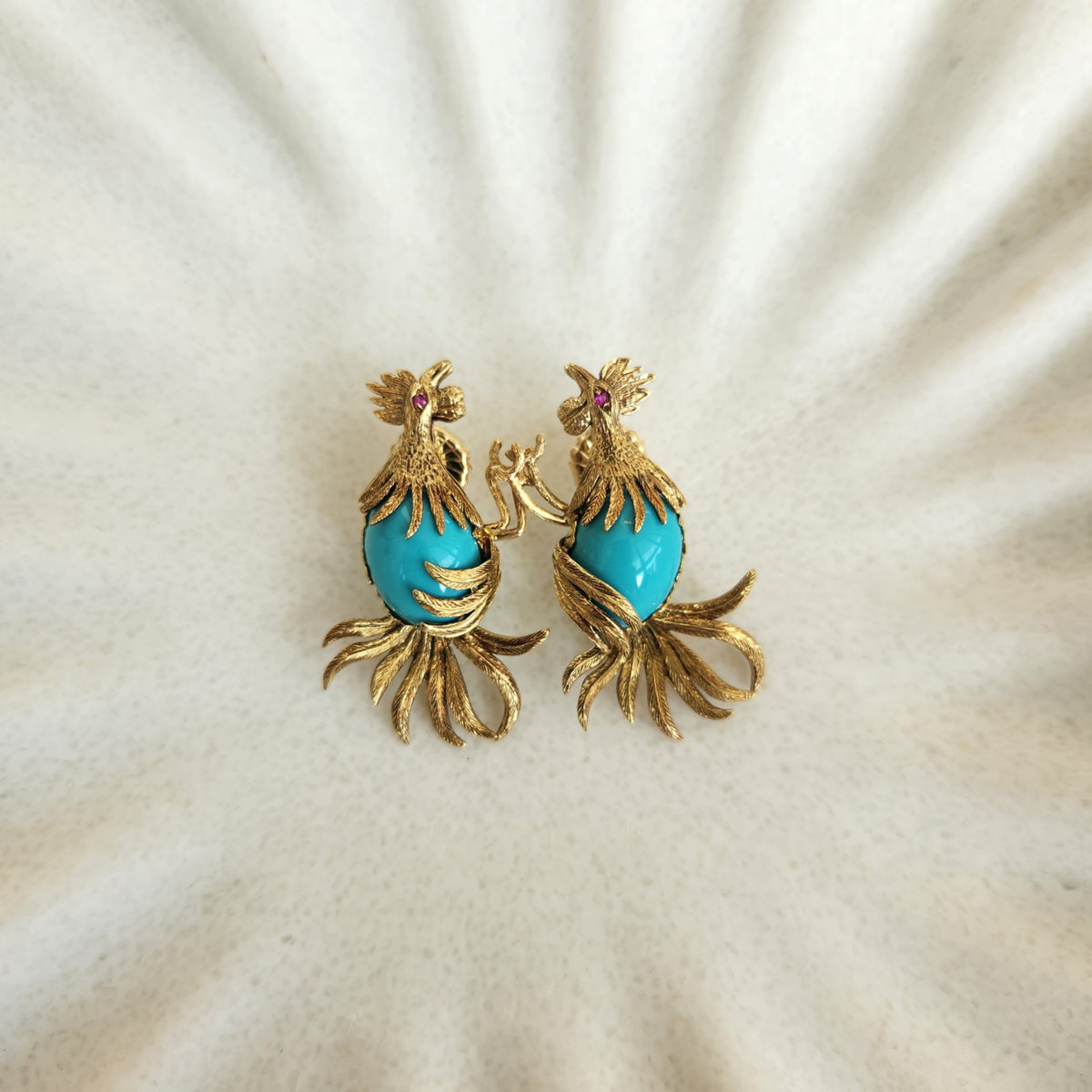 Vintage 18 Karat Yellow Gold Turquoise Rooster Earrings With Ruby Eyes