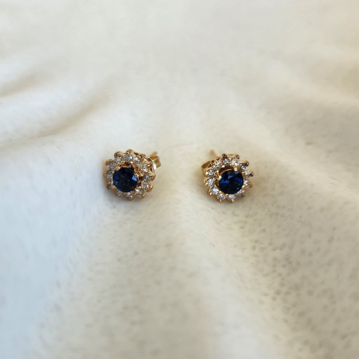 Vintage 14 Karat Yellow Gold Sapphire And Diamond Halo Earrings