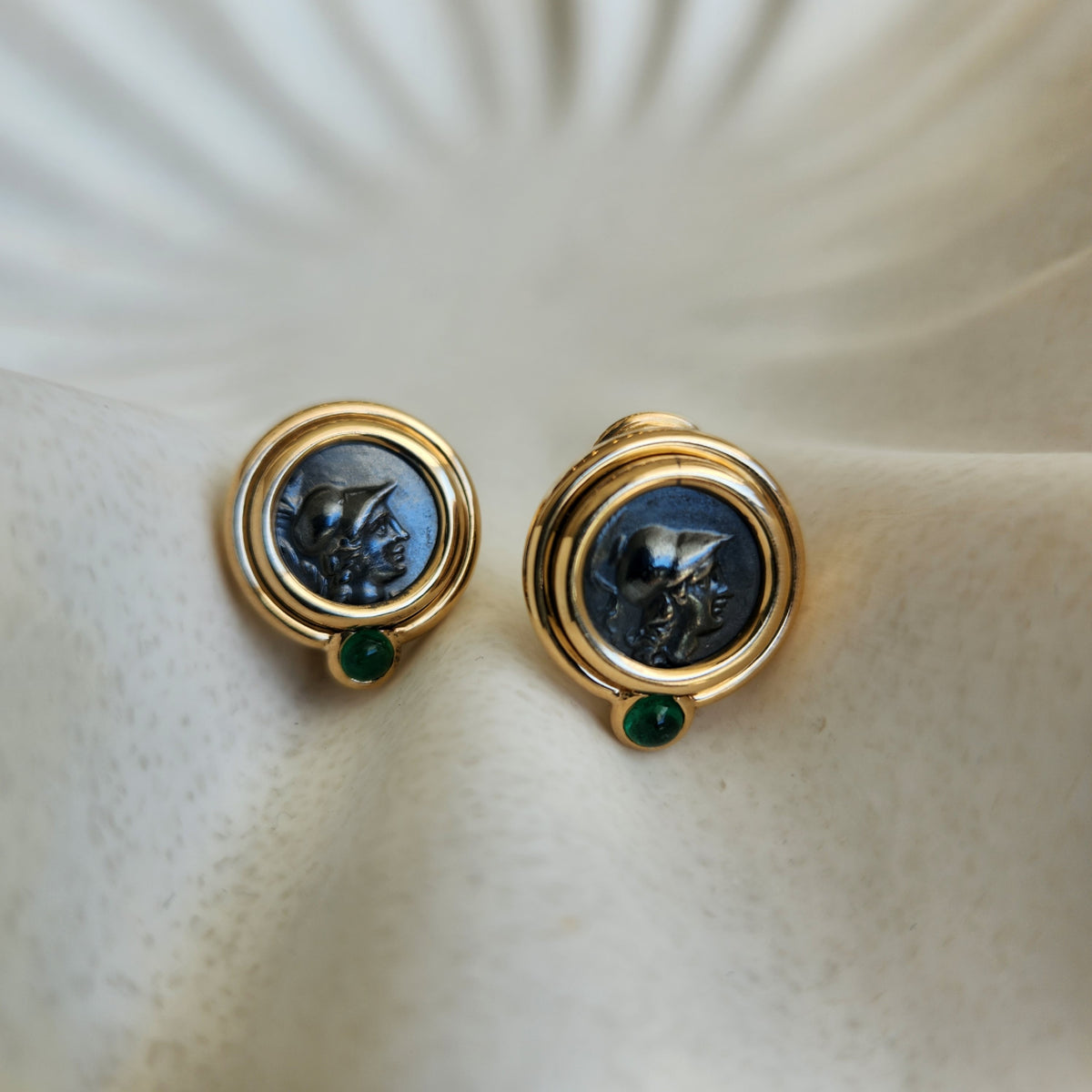 Vintage 18 Karat Yellow And White Gold Bvlgari Monete Ancient Coin And Cabochon Emerlad Clip Earrings