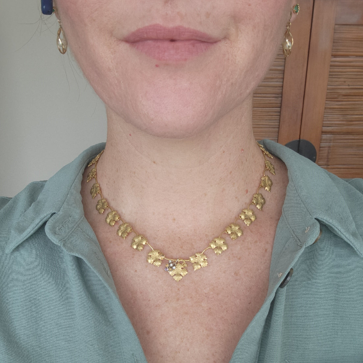 Vintage 18 Karat Yellow Gold Grape Leaf Design Necklace With Cluster Of Grapes Containing Diamonds, Citrine, And Amethyst, 15.75 -17"