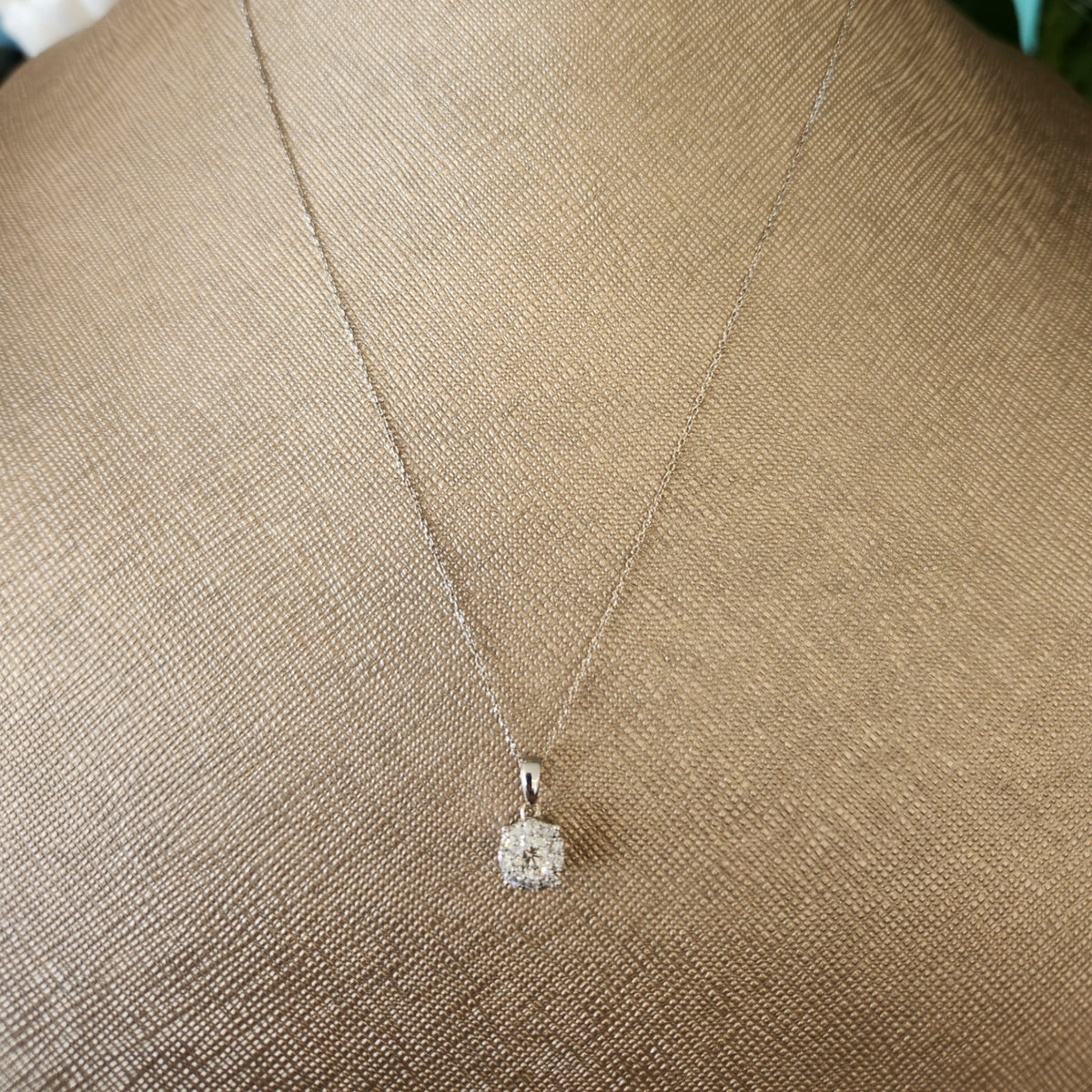 Vintage14 Karat White Gold Diamond Cluster Halo Necklace With Thin Cable Chain, 18"