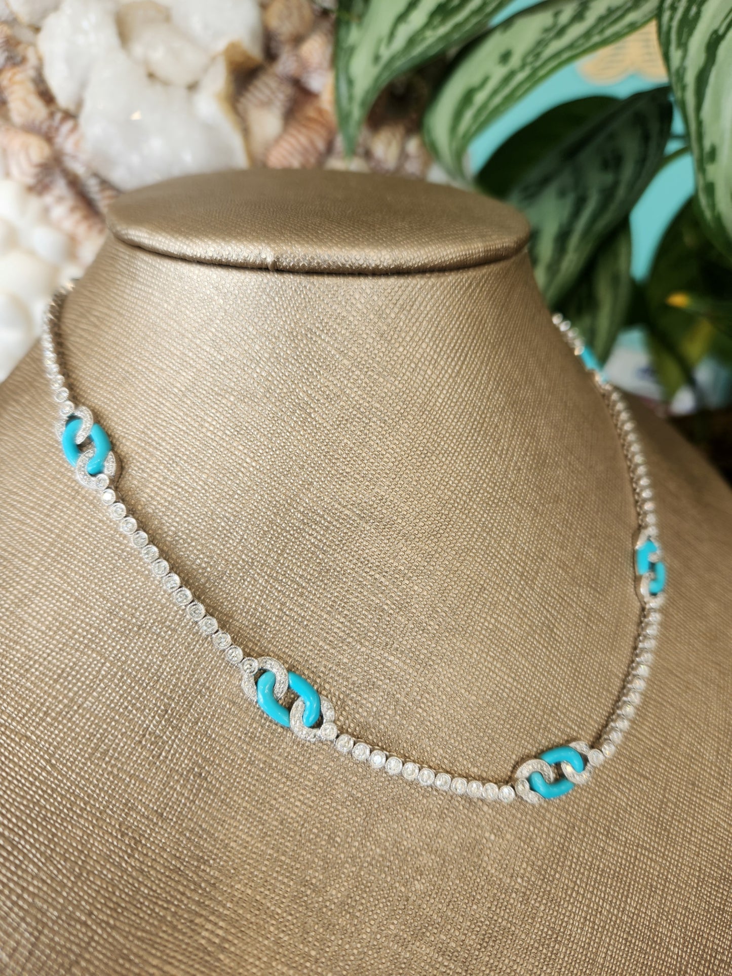 Vintage 18 Karat White Gold Turquoise And Diamond Tennis Necklace, 18"