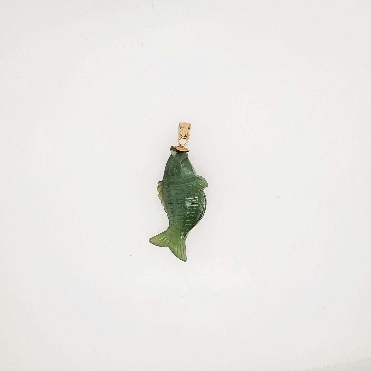 Nephrite Green Jade Fish Pendant With 14 Karat Yellow Gold Bail