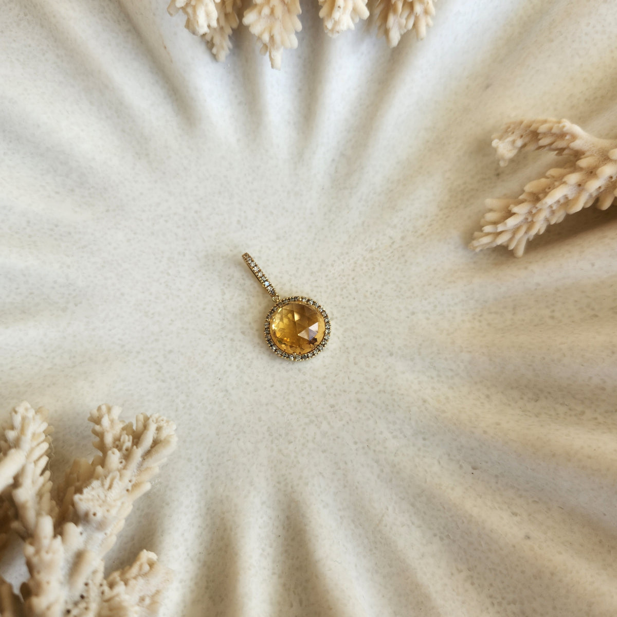 Vintage 14 Karat Yellow Gold Citrine & Diamond Halo Style Pendant