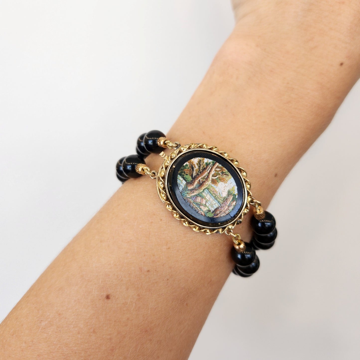 Vintage 14 Karat Yellow Gold Double Strand 8 Mm Bead Bracelet With Antique Victorian Micro Mosaic Clasp, 7"