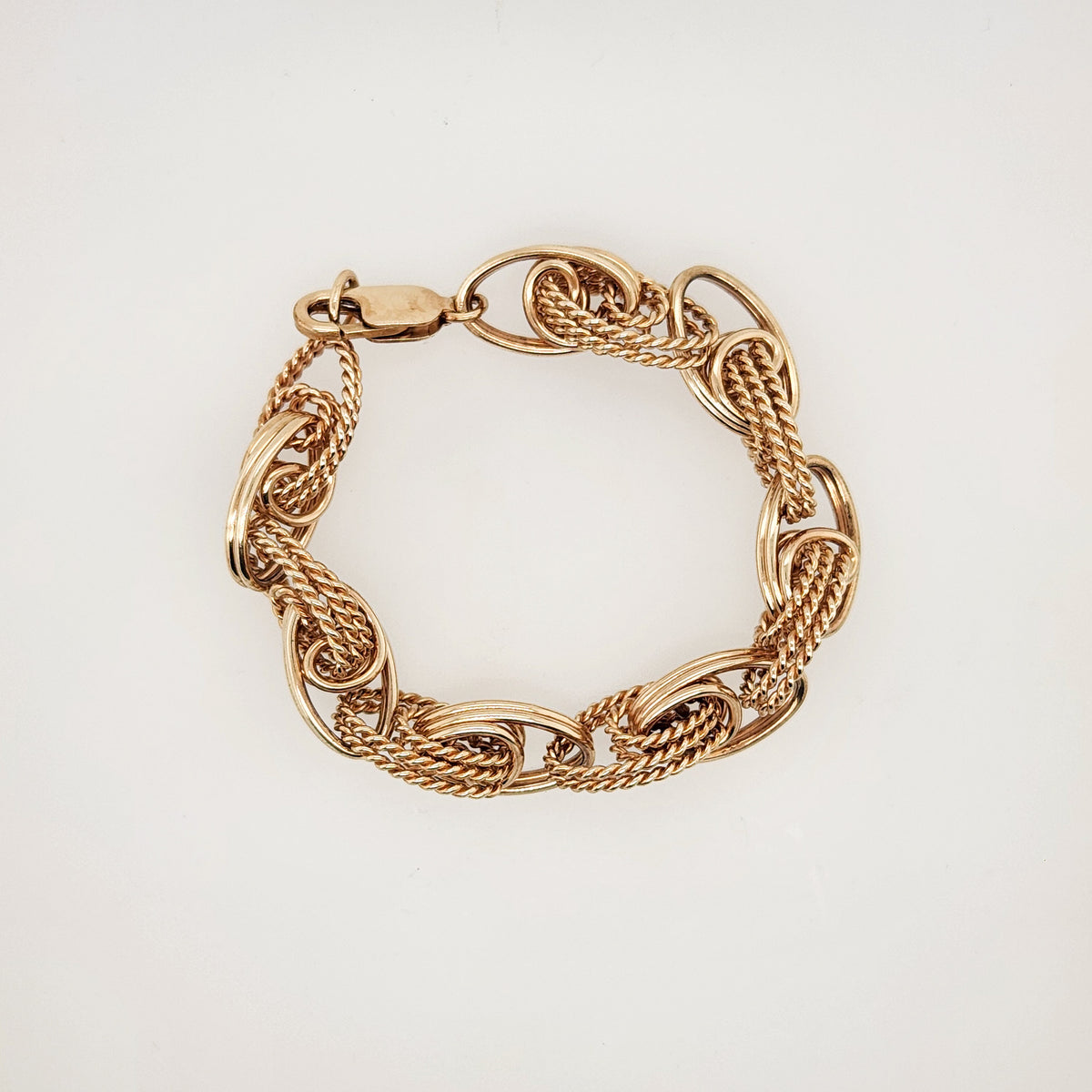 Vintage 14 Karat Yellow Gold Interlocking Twisted Rope Fancy Link Bracelet, 7.5"