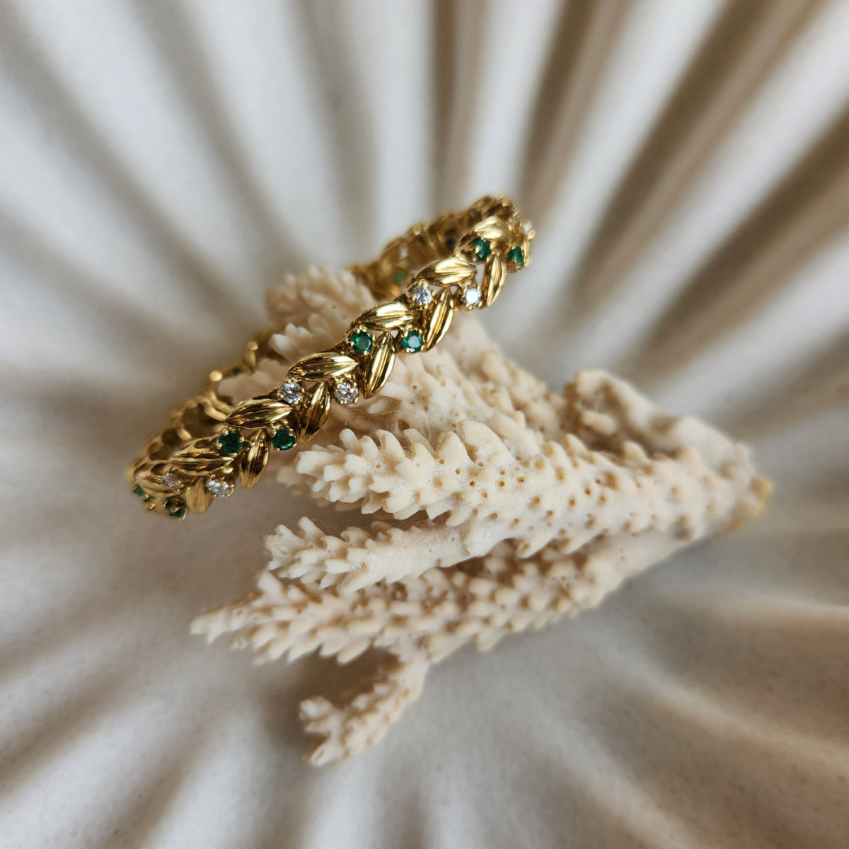 Vintage 18 Karat Yellow Gold Diamond And Emerald Leaf Pattern Bracelet, 7"