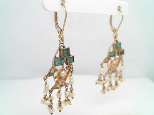 Vintage 14 Karat Yellow Gold Emerald & Pearl Chandelier Earrings With Leverbacks