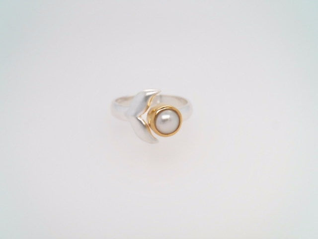 Sterling Silver With 22 Karat Gold Vermeil Whale/Dolphin Tail Ring With 1 Freshwater Pearl