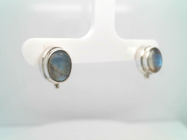 Vintage Sterling Silver Oval Bezel Set Moonstone Earrings