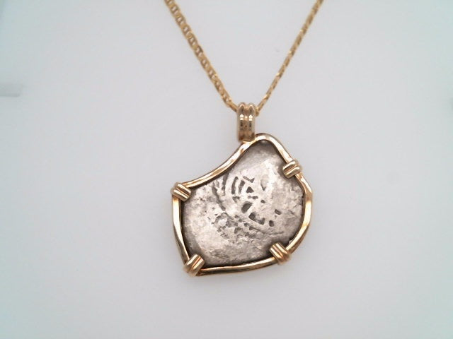Sterling Silver Phillip V 2 Reales Coin Set In Prong Set In 14 Karat Yellow Gold Bezel Pendant