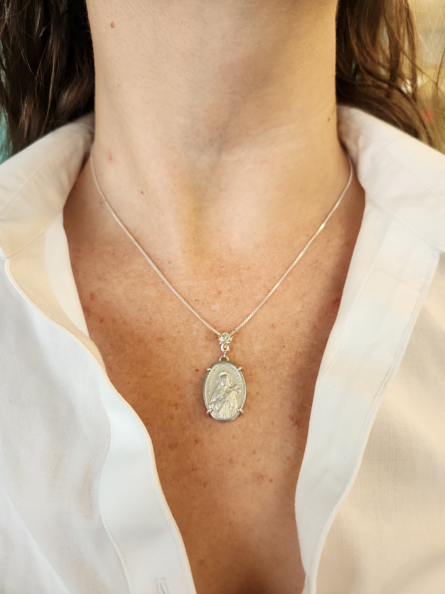 Sterling Silver Pendant With Floral Bail Set With Vintage St. Therese Italian Medallion