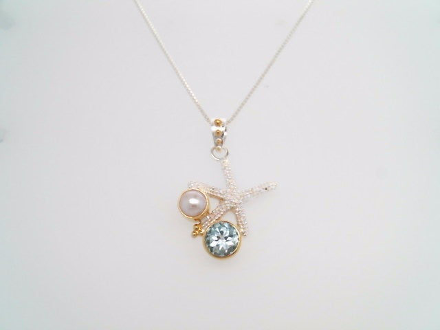 Sterling Silver And 22 Karat Gold Vermeil Starfish Necklace With 1 Round Sky Blue Topaz And 1 White Freshwater Pearl 18" Chain Included