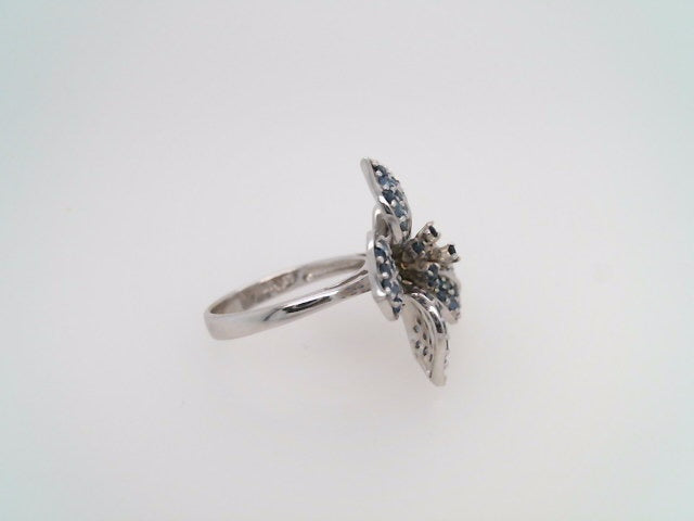 Vintage 14 Karat White Gold Blue Sapphire Pave Flower Ring