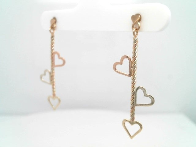 Vintage 14 Karat Rose, Yellow & White Gold Heart Motif Dangle Earrings