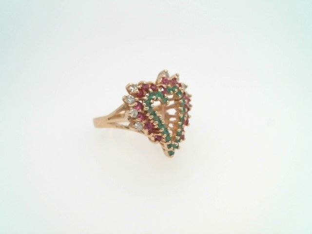 Vintage 14 Karat Yellow Gold Diamond, Ruby & Emerald Open Heart Ring