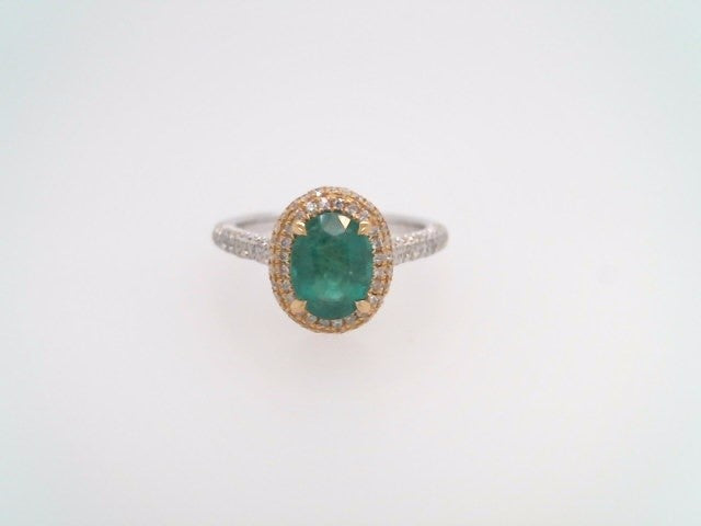 18 Karat White & Yellow Gold Oval Emerald With Diamond Accents Halo Style Ring