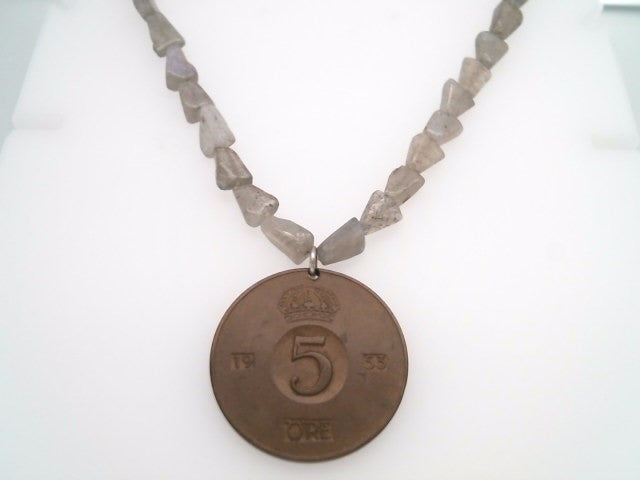 Handmade Sterling Silver Labradorite Bead Necklace With Swedish 5 Ore Coin Dated 1953, 18"