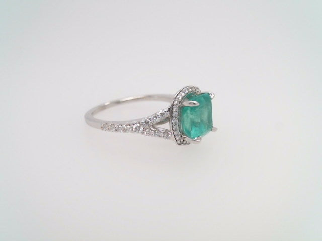 14 Karat White Gold Emerald & Diamond Halo Style Ring With Split Shank