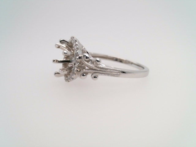 14 Karat White Gold Diamond Halo Style Engagement Ring Mounting With Milgrain Detail For A 2.00 Carat Center