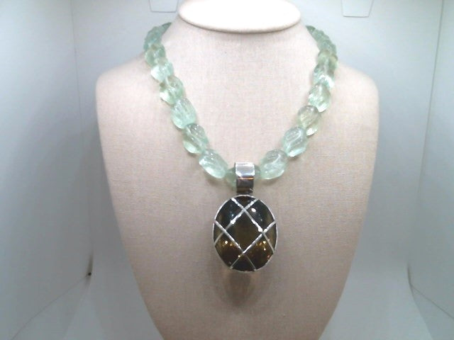 Vintage Sterling Silver Oval Smokey Quartz Pendant With Lattice Design
