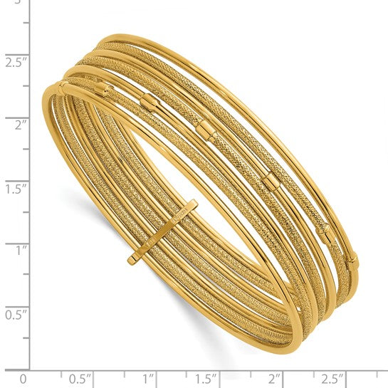 14 Karat Yellow Gold 7 Row Polished and Textured Slip On Bangle Bracelet
