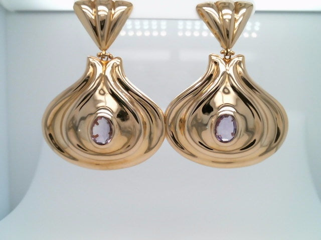 Vintage 14 Karat Yellow Gold Exaggerated Teardrop Shaped Dangle Earrings With "Rose De France" Amethyst