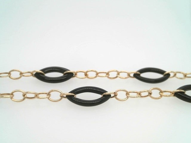 Vintage 14 Karat Yellow Gold Chain Necklace With 20 Open Marquise Shaped Black Onyx Link Stations 33.5"