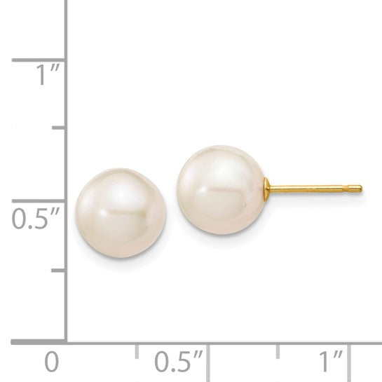 14 Karat Yellow Gold 8-9 Mm Cultured White Freshwater Pearl Stud Earrings