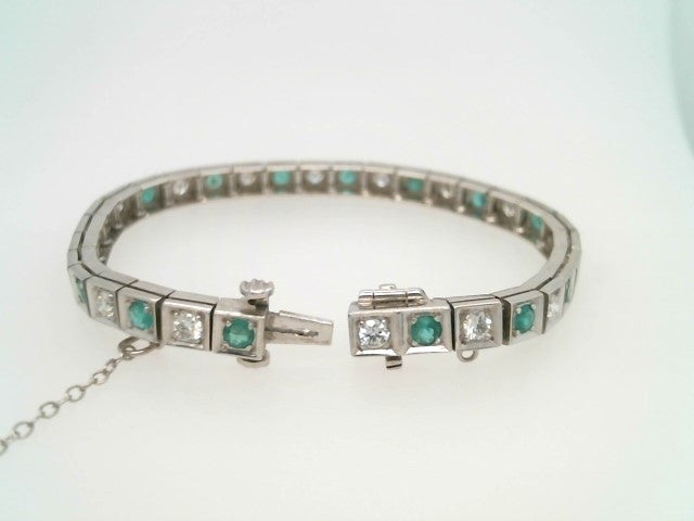 Vintage 14 Karat White Gold Emerald & Diamond Line Bracelet, 6.5"