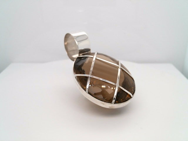 Vintage Sterling Silver Oval Smokey Quartz Pendant With Lattice Design