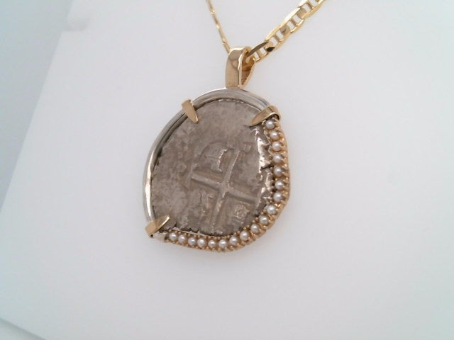 14 Karat Yellow Gold & Sterling Silver 2 Reales Spanish Coin Pendant With Seed Pearls