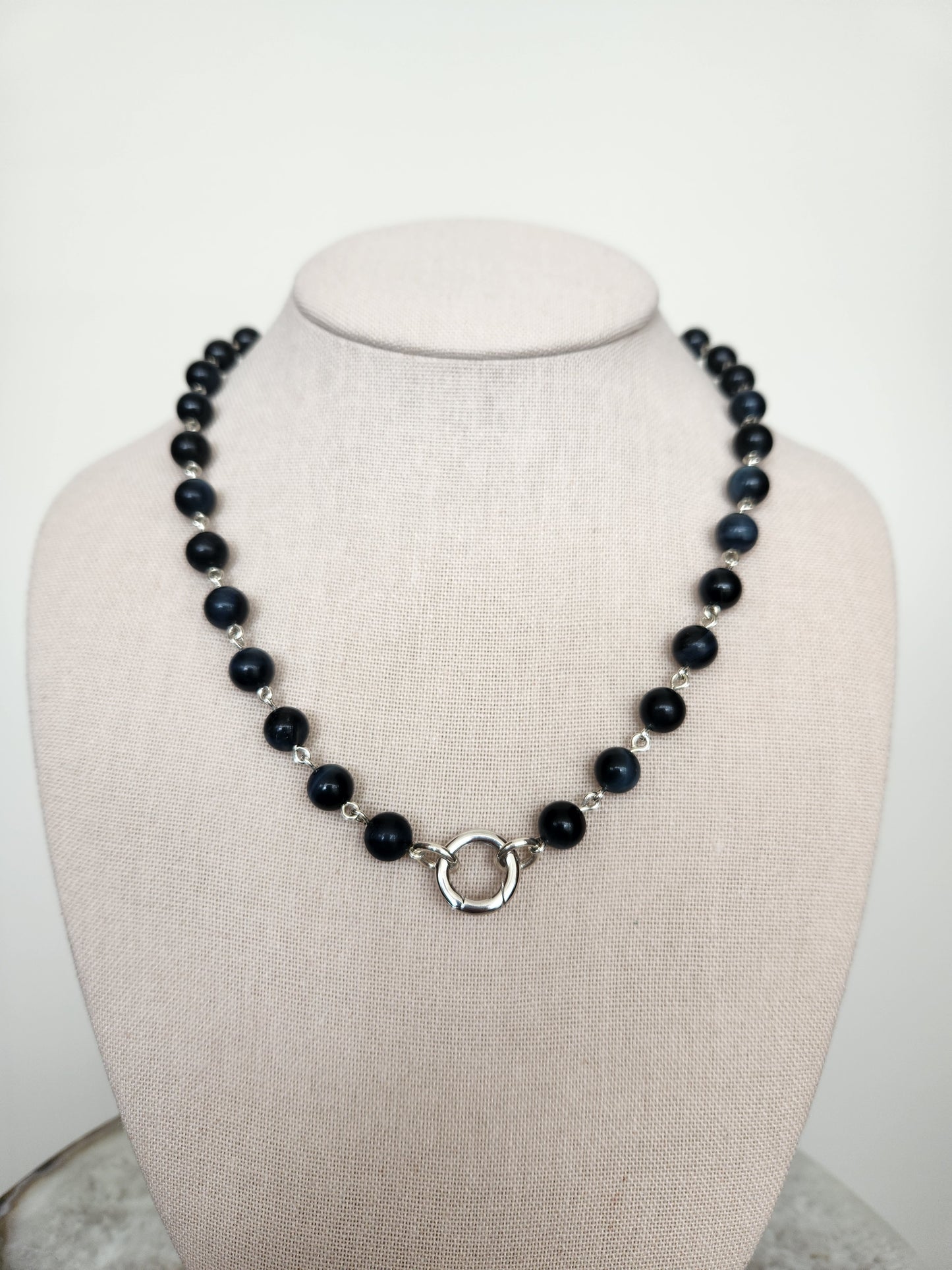 Sterling Silver 8.5 Mm Gray Blue Tiger's Eye Bead Link Chain Necklace With Opening Circle Bail Clasp, 19"
