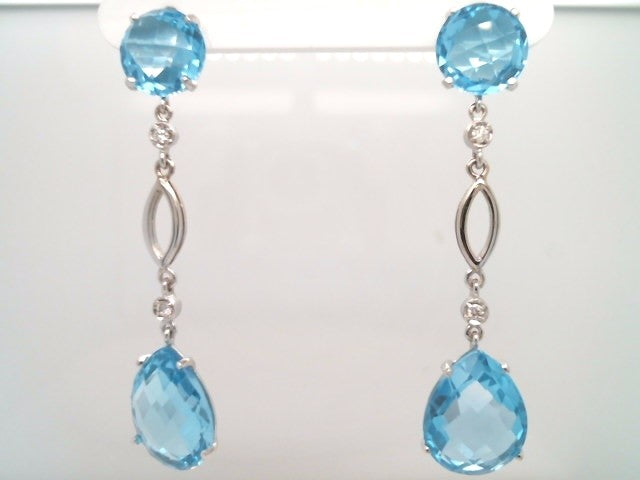 14 Karat White Gold Sky Blue Topaz & Diamond Long Dangle Earrings