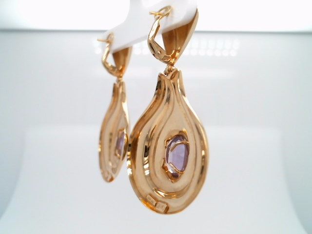 Vintage 14 Karat Yellow Gold Exaggerated Teardrop Shaped Dangle Earrings With "Rose De France" Amethyst