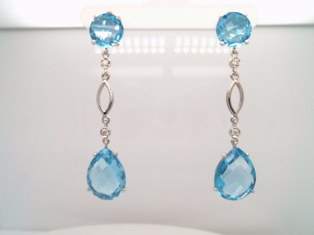 14 Karat White Gold Sky Blue Topaz & Diamond Long Dangle Earrings