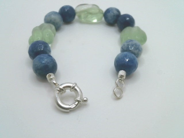 Sterling Silver Carved Fluorite & Faceted Sodalite Bead Bracelet, 7.5"