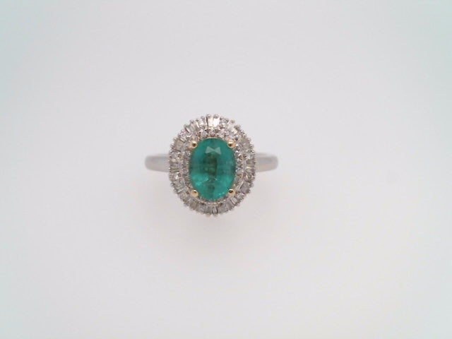 Platinum & 18 Karat Yellow Gold Emerald & Diamond Halo Style Ring