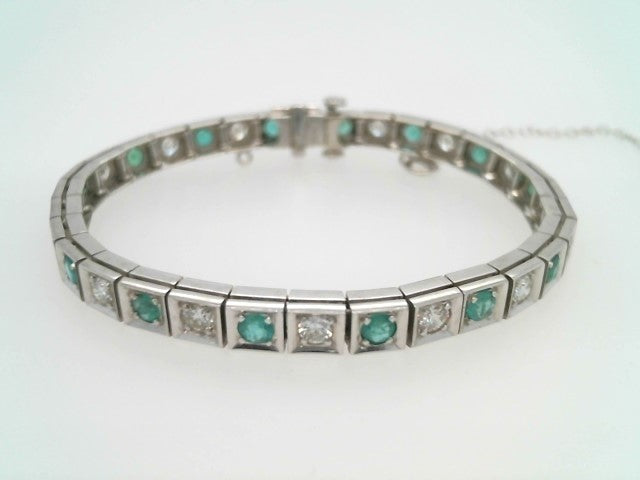 Vintage 14 Karat White Gold Emerald & Diamond Line Bracelet, 6.5"