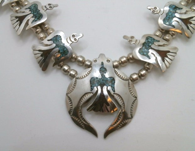 Vintage Handmade Sterling Silver Navajo Thunderbird Motif Squash Blossom Style Necklace Inlaid With Turquoise & Coral 22"