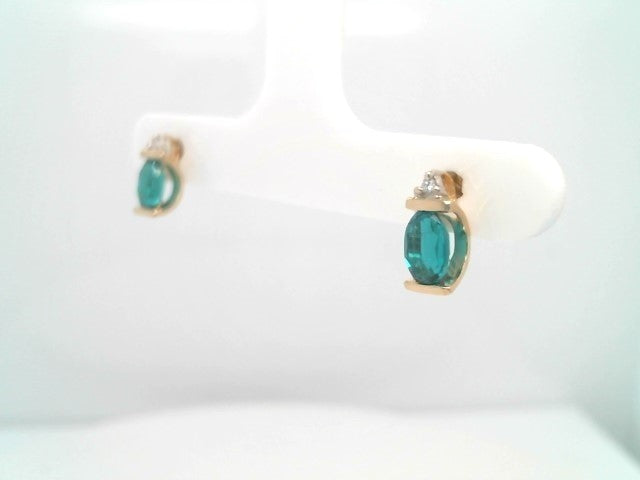 Vintage 14 Karat Yellow Gold Lab Grown Emerald Earrings With Diamond Accents