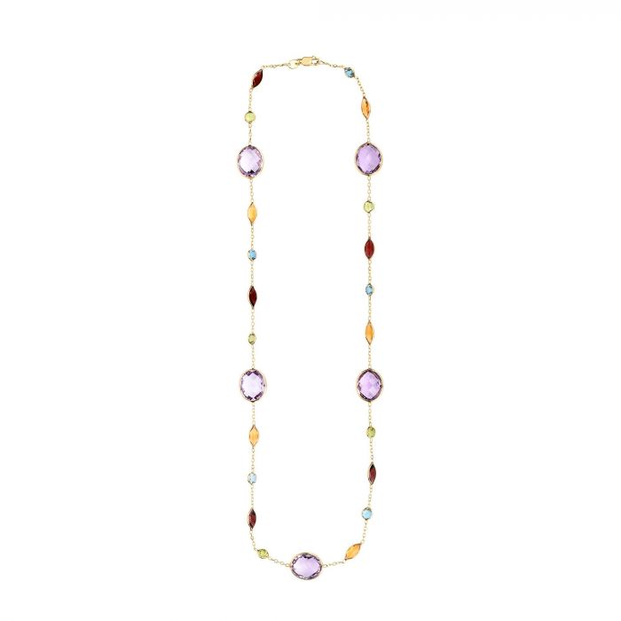 14 Karat Yellow Gold Bezel Set Amethyst, Blue Topaz, Citrine, Garnet & Peridot "By The Yard' Style Necklace 18"