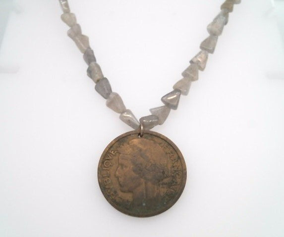 Handmade Sterling Silver Labradorite Bead Necklace With French 2 Francs Coin Dated 1941, 18"