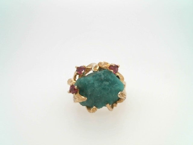 Vintage 14 Karat Yellow Gold Rough Lab Grown Emerald Ring With Ruby Accents, Floral Motif Mounting With Leaves & Branches