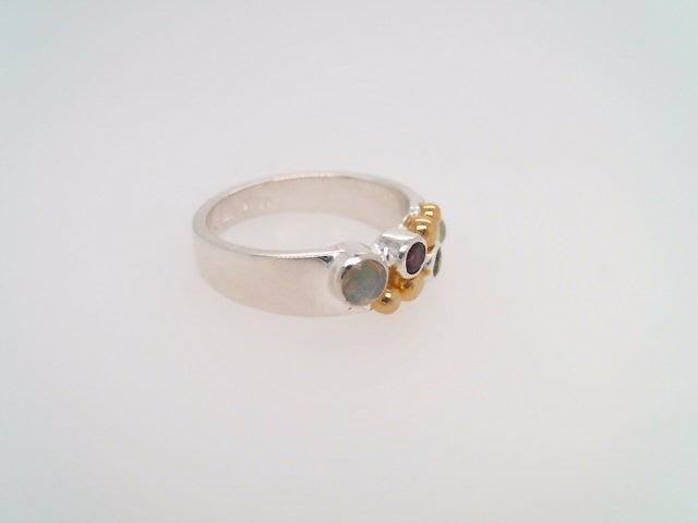 Sterling Silver And 22 Karat Gold Vermeil Ring With 2 Ethiopian Opals, 1 Peridot And 1 Rhodolite Garnet
