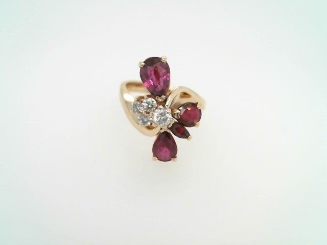 Vintage 14 Karat Yellow Gold Rhodolite Garnet & Diamond Freeform Cluster Ring